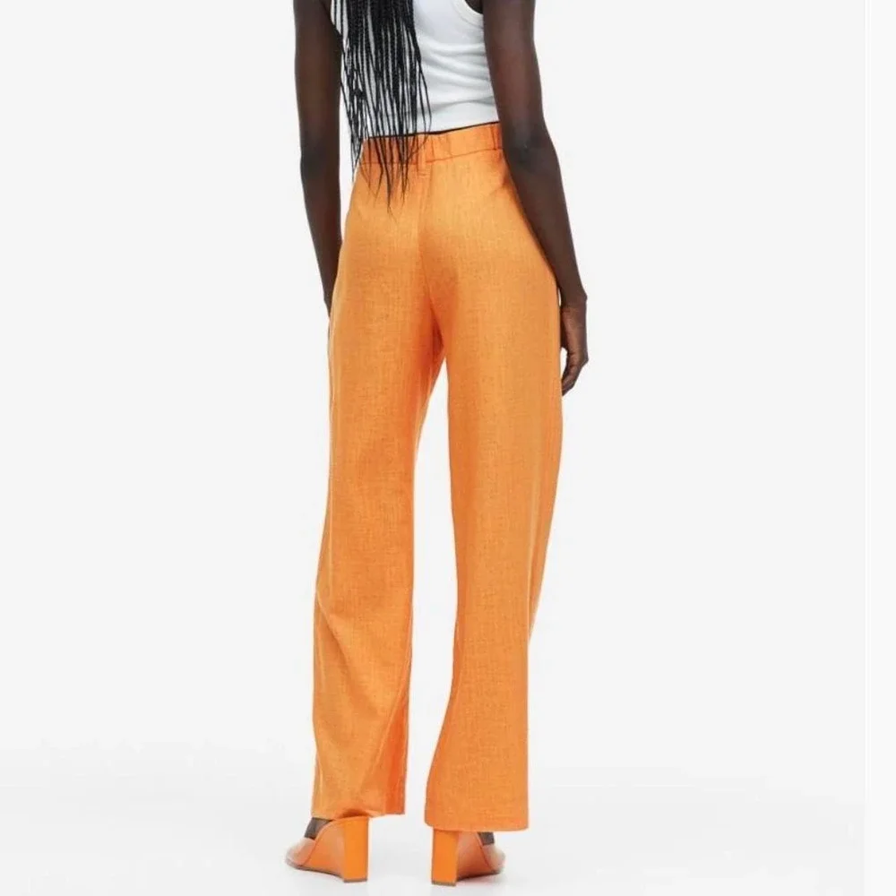 H&M Pants Women 4 Orange Wide Leg High Waisted Textured Linen Blend Trousers